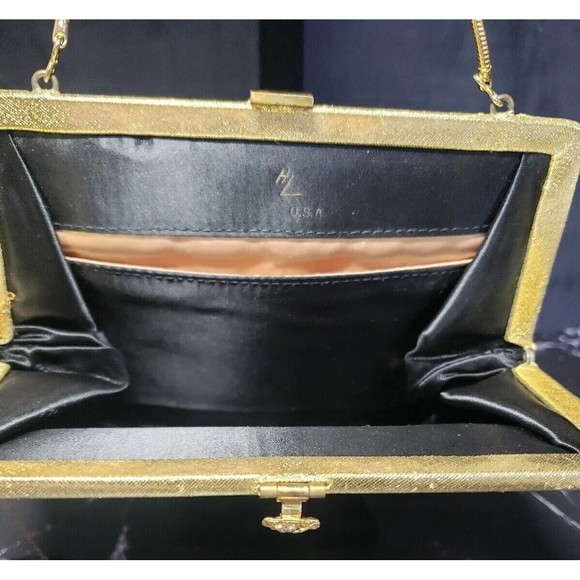 Delicate GOLD Satin Handbag Harry Levine USA Crystal Clasp Clutch w/ Coin Purse - Picture 9 of 10